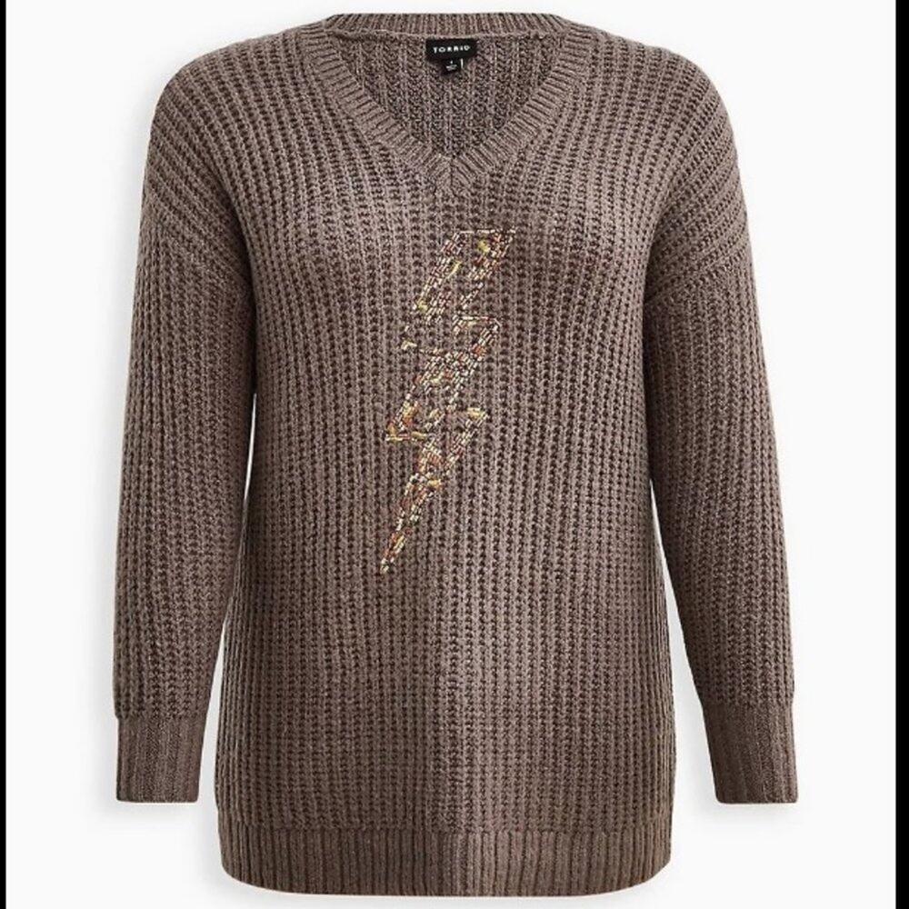 NWT TORRID Taupe/Grey Chunky Knit V-Neck Lightning Bolt Sweater